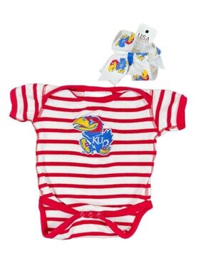 TWO FEET AHEAD Kansas Jay Hawks One Piece with Jay Hawks Bow - NB